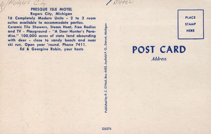 Presque Isles Huron Shore Motel (Presque Isle Motel) - Old Postcard Back (newer photo)